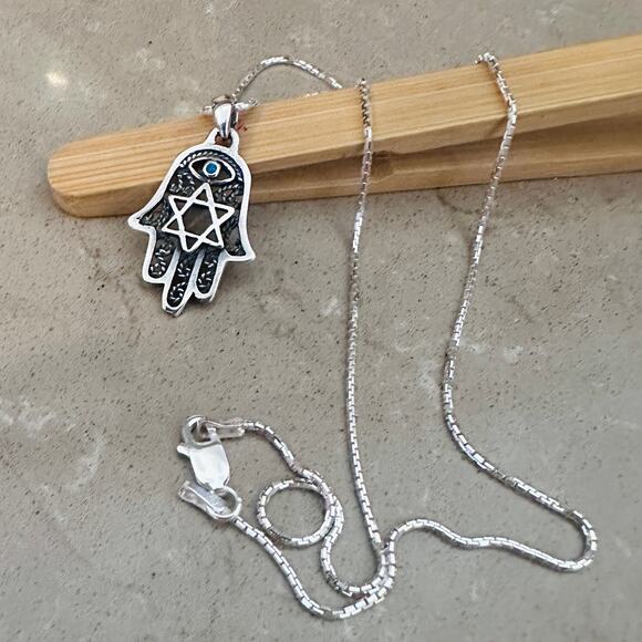 Hamsa ,Star of David , Evil Eye & Turquoise 925 Necklace - Picture 1 of 5